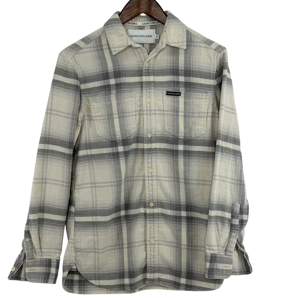 Calvin Klein Gray Off White Plaid Flannel Shirt Mens XS